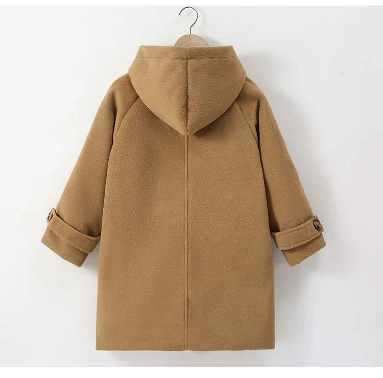 Fall Winter Girls Hooded Duffle Coat Toggle Button Wool Blend Windproof Warm Daily Outerwear School Kids Overcoat Casual Outfits