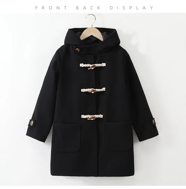Fall Winter Girls Hooded Duffle Coat Toggle Button Wool Blend Windproof Warm Daily Outerwear School Kids Overcoat Casual Outfits