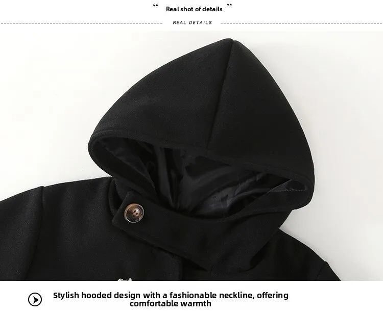 Fall Winter Girls Hooded Duffle Coat Toggle Button Wool Blend Windproof Warm Daily Outerwear School Kids Overcoat Casual Outfits