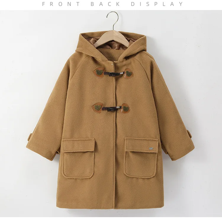 Fall Winter Girls Hooded Duffle Coat Toggle Button Wool Blend Windproof Warm Daily Outerwear School Kids Overcoat Casual Outfits