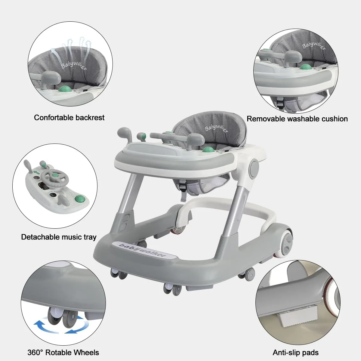 2 in 1 Baby Walker, Toddler Baby Push Walker with Removable Feeding Tray and Music Tray(Without Battery), Activity Walker