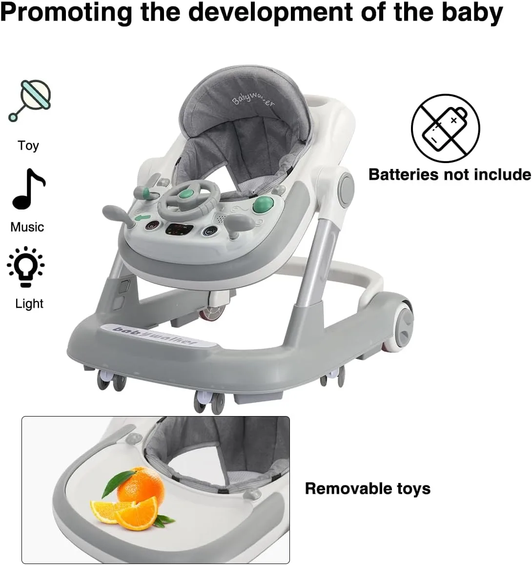 2 in 1 Baby Walker, Toddler Baby Push Walker with Removable Feeding Tray and Music Tray(Without Battery), Activity Walker