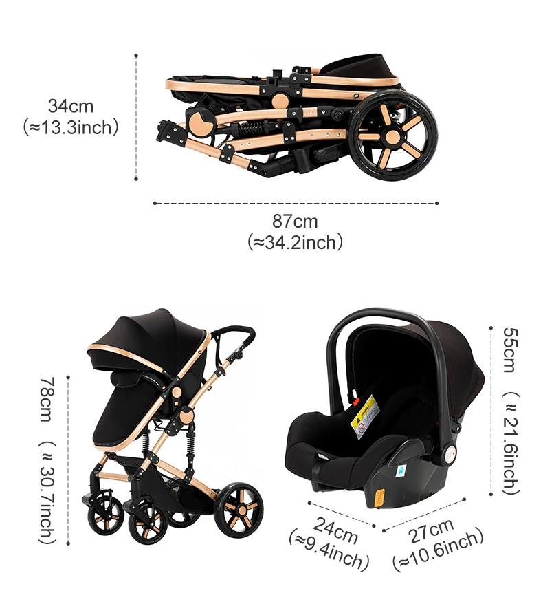 Compact Baby Stroller 3-in-1 Portable Newborns Baby Car with Car Seat High View Pram Travel System Buggy Foldable Baby Carriage