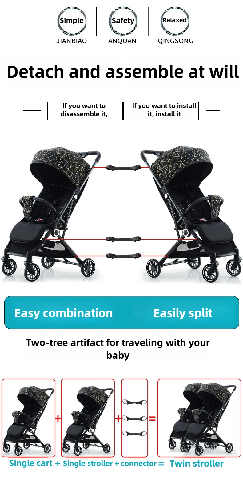 Twin Baby Stroller High View Detachable Stroller Foldable and Lightweight Stroller with Sitting and Lying Function