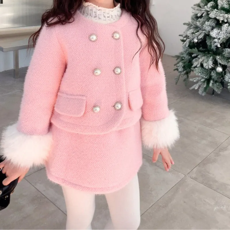 Fashion Baby Girl Princess Cotton Clothing Set Long Sleeve Fur Jacket+Skirt 2PCS Infant Toddler Child Elegant Baby Clothes 1-14Y