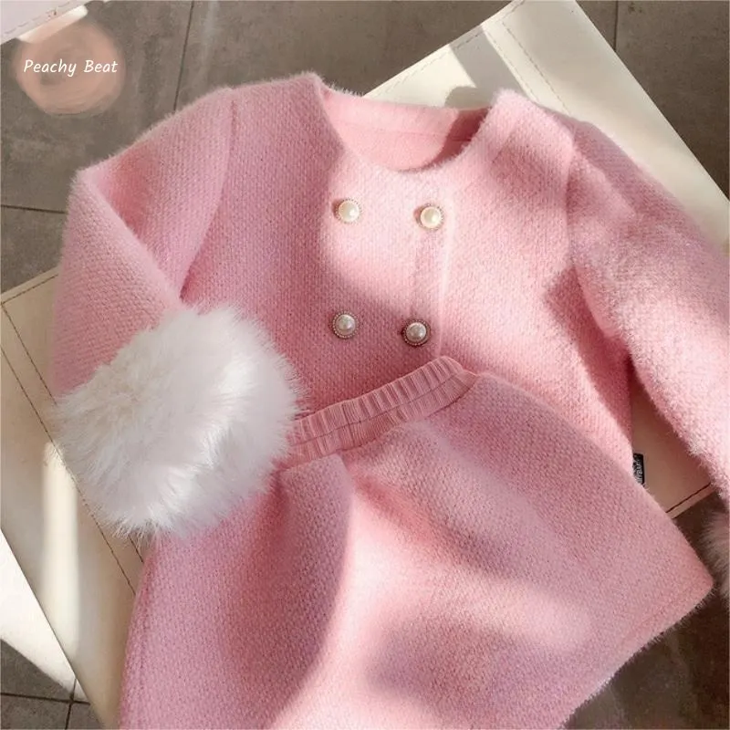 Fashion Baby Girl Princess Cotton Clothing Set Long Sleeve Fur Jacket+Skirt 2PCS Infant Toddler Child Elegant Baby Clothes 1-14Y