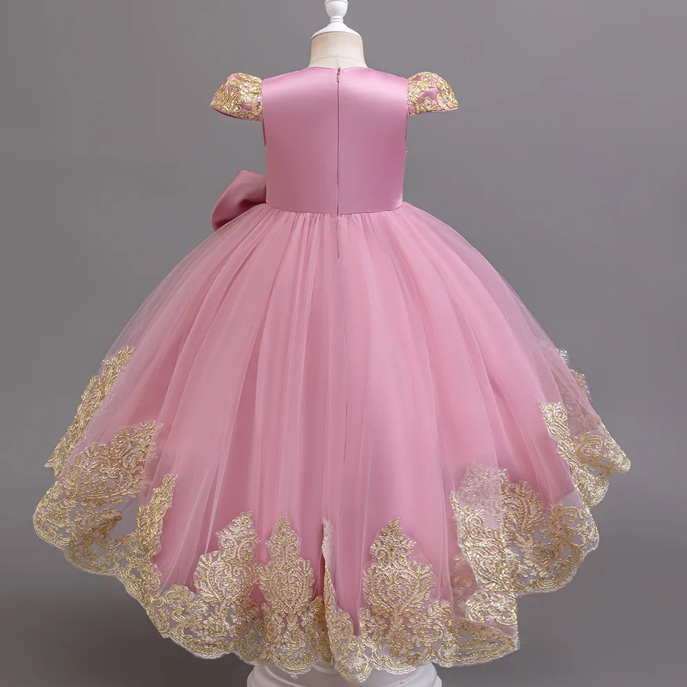 Girls Big Bow Tail Princess Dress Fashion Embroidery Baby Birthday Dress Wedding Flower Girl Dress Elegant Stage Show Host Dress