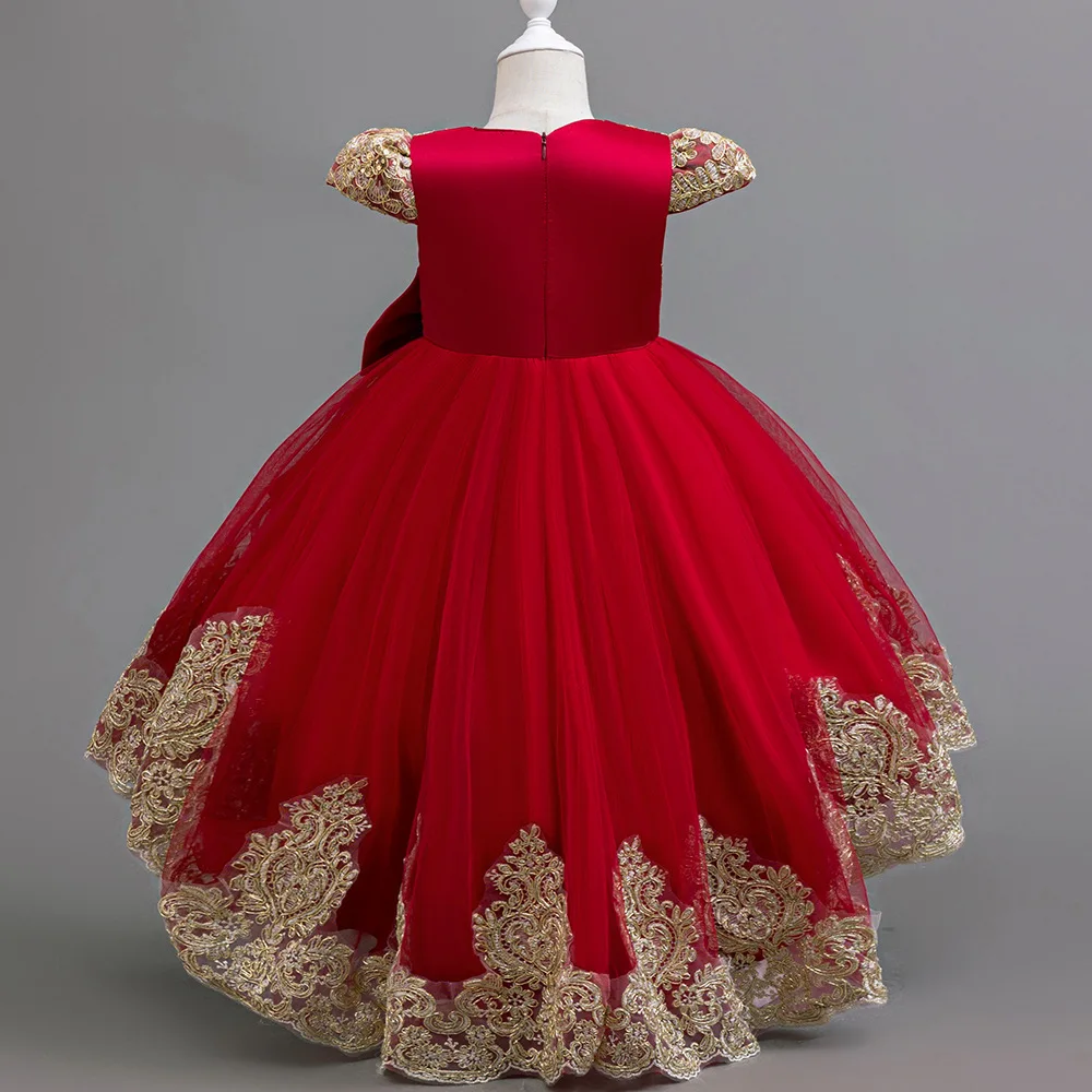 Girls Big Bow Tail Princess Dress Fashion Embroidery Baby Birthday Dress Wedding Flower Girl Dress Elegant Stage Show Host Dress