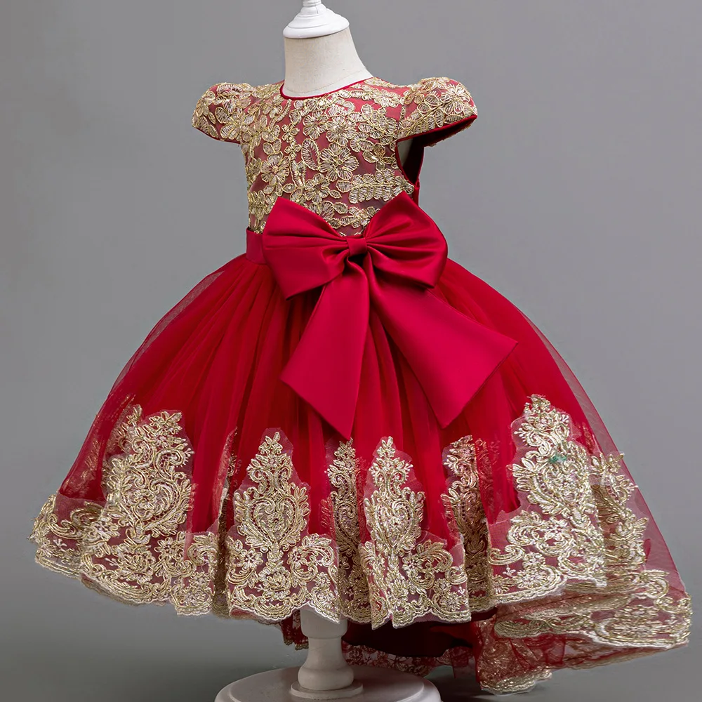 Girls Big Bow Tail Princess Dress Fashion Embroidery Baby Birthday Dress Wedding Flower Girl Dress Elegant Stage Show Host Dress