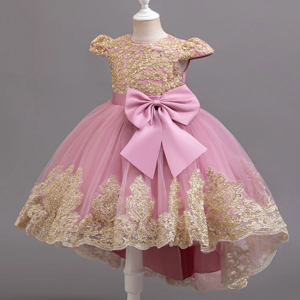 Girls Big Bow Tail Princess Dress Fashion Embroidery Baby Birthday Dress Wedding Flower Girl Dress Elegant Stage Show Host Dress