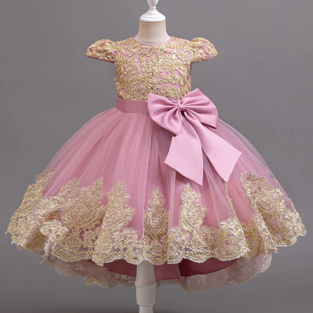Girls Big Bow Tail Princess Dress Fashion Embroidery Baby Birthday Dress Wedding Flower Girl Dress Elegant Stage Show Host Dress
