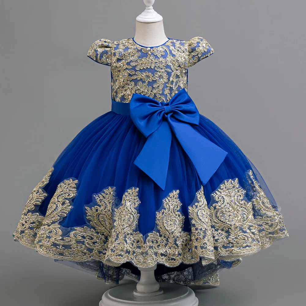 Girls Big Bow Tail Princess Dress Fashion Embroidery Baby Birthday Dress Wedding Flower Girl Dress Elegant Stage Show Host Dress