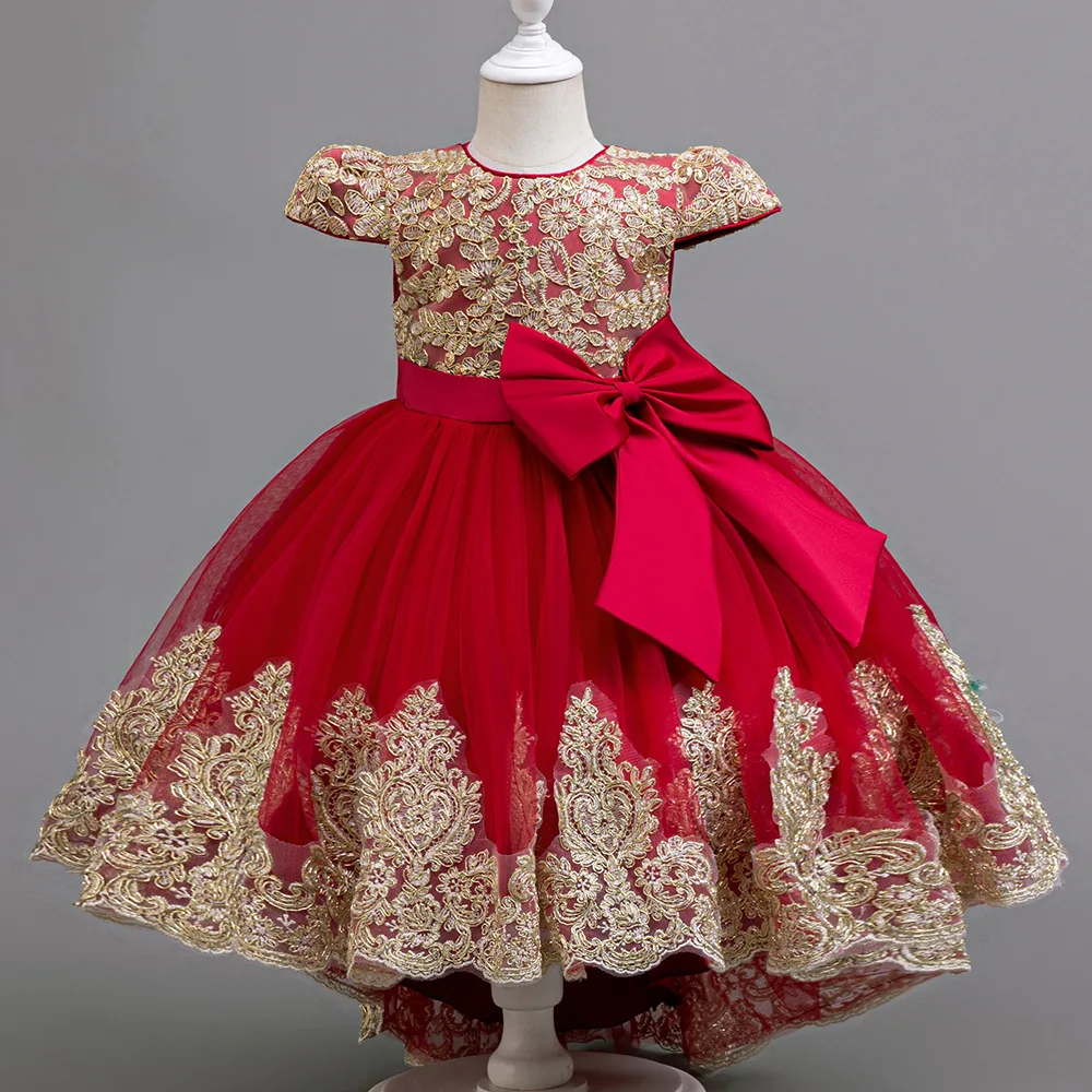 Girls Big Bow Tail Princess Dress Fashion Embroidery Baby Birthday Dress Wedding Flower Girl Dress Elegant Stage Show Host Dress
