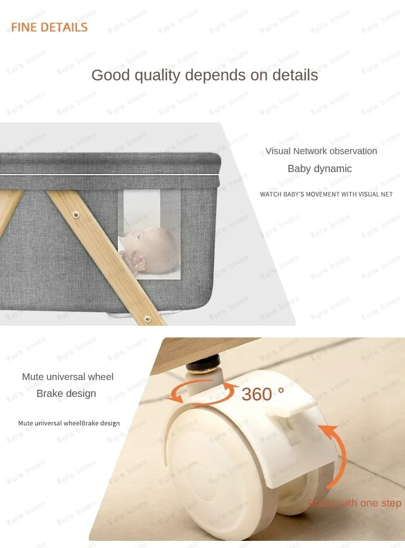 Movable Solid Wood Baby Crib  Portable Newborn Home Baby Cradle Bed Foldable Twin Rocking Bed Baby Soothing Rocking Bed