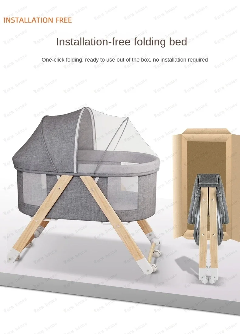 Movable Solid Wood Baby Crib  Portable Newborn Home Baby Cradle Bed Foldable Twin Rocking Bed Baby Soothing Rocking Bed