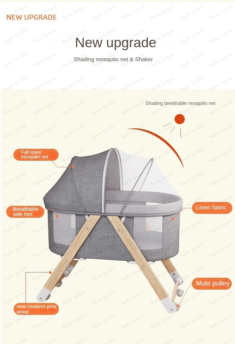 Movable Solid Wood Baby Crib  Portable Newborn Home Baby Cradle Bed Foldable Twin Rocking Bed Baby Soothing Rocking Bed