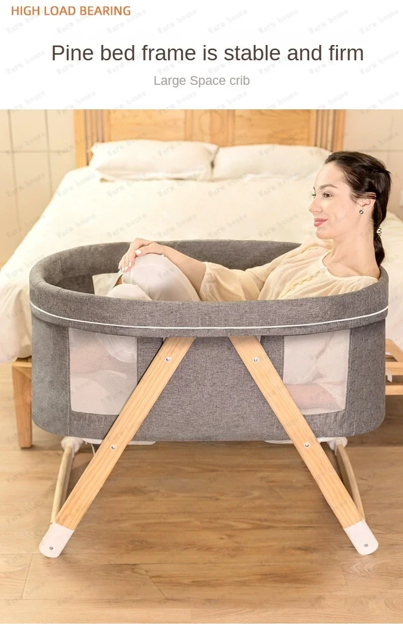 Movable Solid Wood Baby Crib  Portable Newborn Home Baby Cradle Bed Foldable Twin Rocking Bed Baby Soothing Rocking Bed