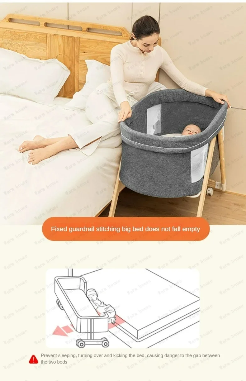 Movable Solid Wood Baby Crib  Portable Newborn Home Baby Cradle Bed Foldable Twin Rocking Bed Baby Soothing Rocking Bed