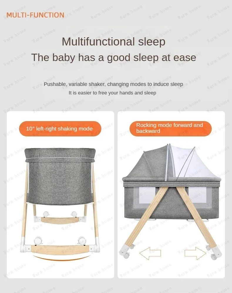 Movable Solid Wood Baby Crib  Portable Newborn Home Baby Cradle Bed Foldable Twin Rocking Bed Baby Soothing Rocking Bed