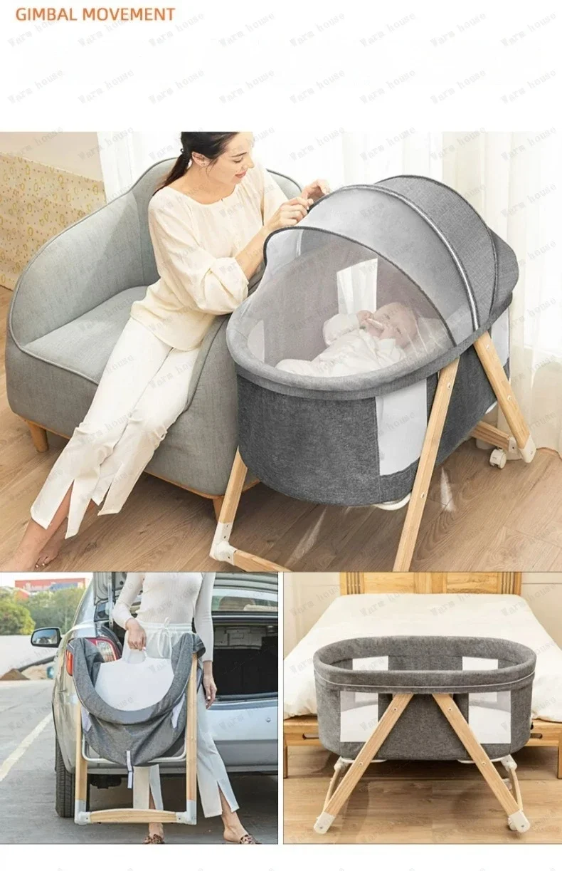 Movable Solid Wood Baby Crib  Portable Newborn Home Baby Cradle Bed Foldable Twin Rocking Bed Baby Soothing Rocking Bed
