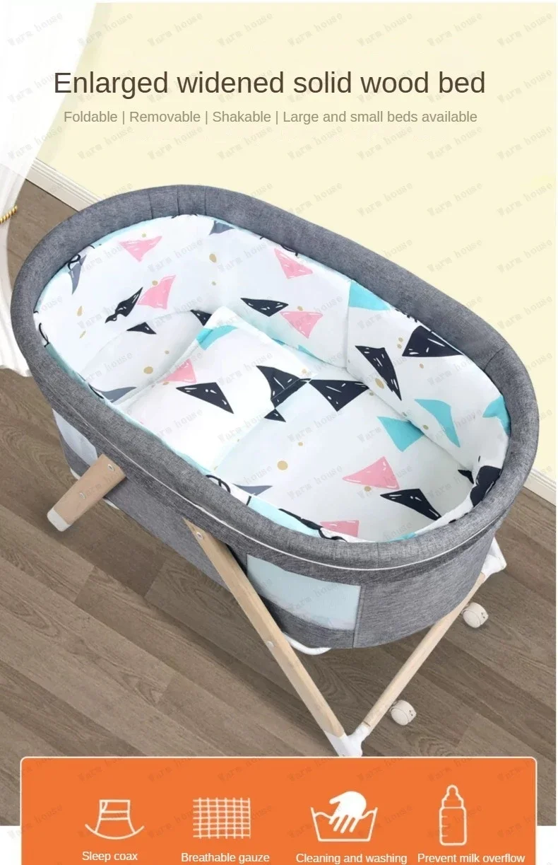 Movable Solid Wood Baby Crib  Portable Newborn Home Baby Cradle Bed Foldable Twin Rocking Bed Baby Soothing Rocking Bed