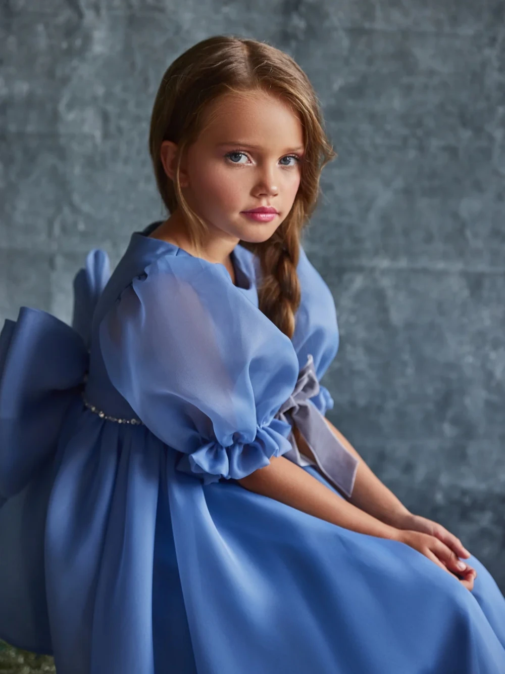 Simple Elegant Puffy Sleeve Tea-length A-line Tulle Gurls Dresses For Daily Life Cute Sweet Bow Kids Princess Gown Dancing Wear
