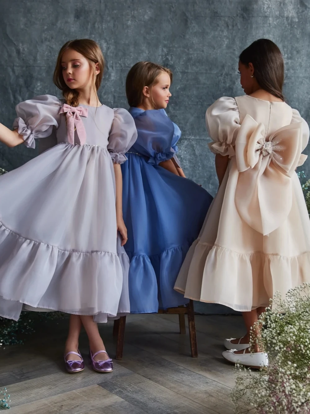 Simple Elegant Puffy Sleeve Tea-length A-line Tulle Gurls Dresses For Daily Life Cute Sweet Bow Kids Princess Gown Dancing Wear