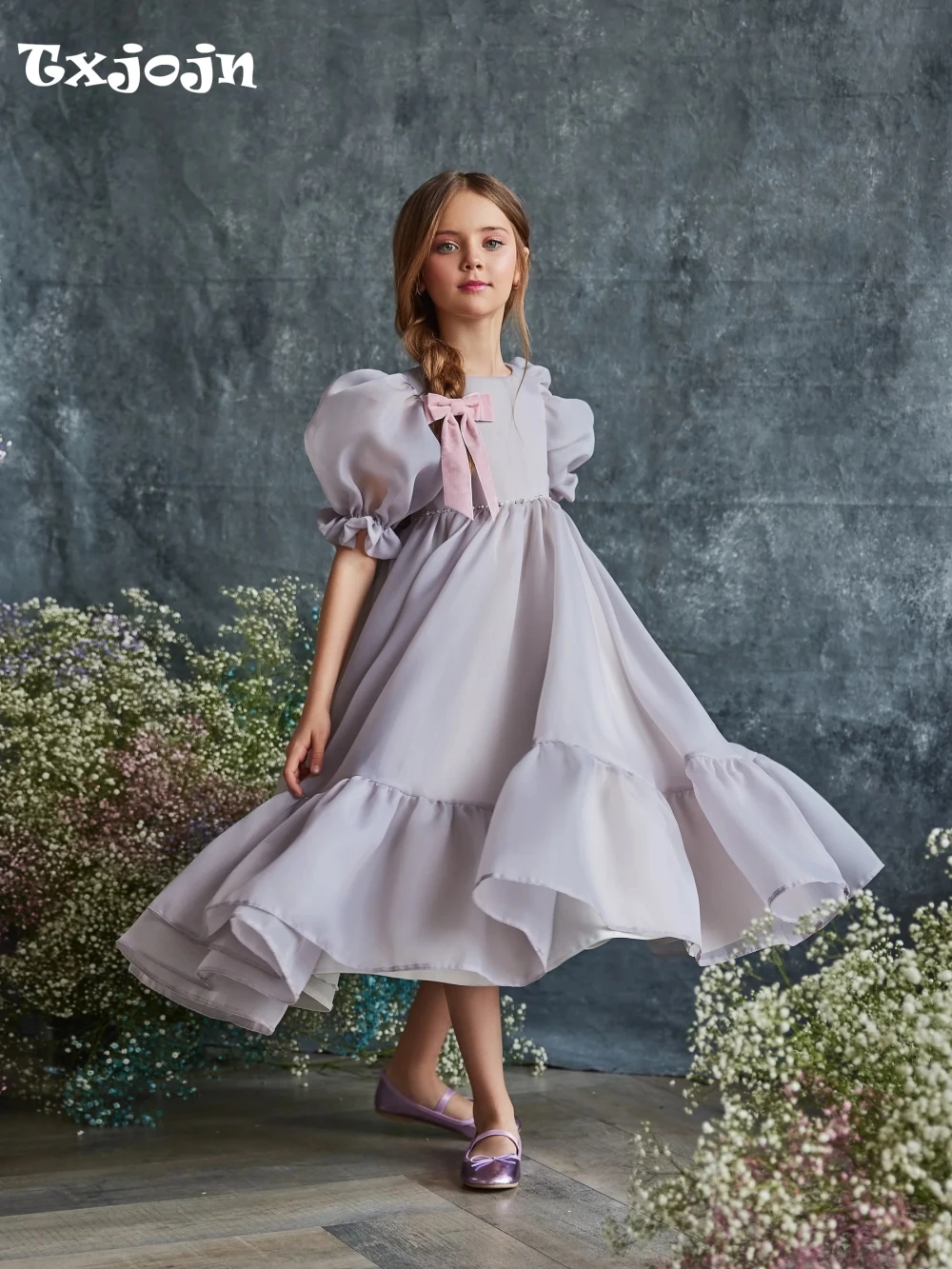 Simple Elegant Puffy Sleeve Tea-length A-line Tulle Gurls Dresses For Daily Life Cute Sweet Bow Kids Princess Gown Dancing Wear