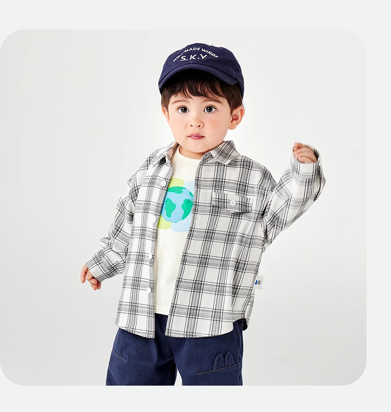 Mini Bala Boys' Long Sleeve Shirt 2025 New Product Loose, Versatile Plaid Soft Baby Top