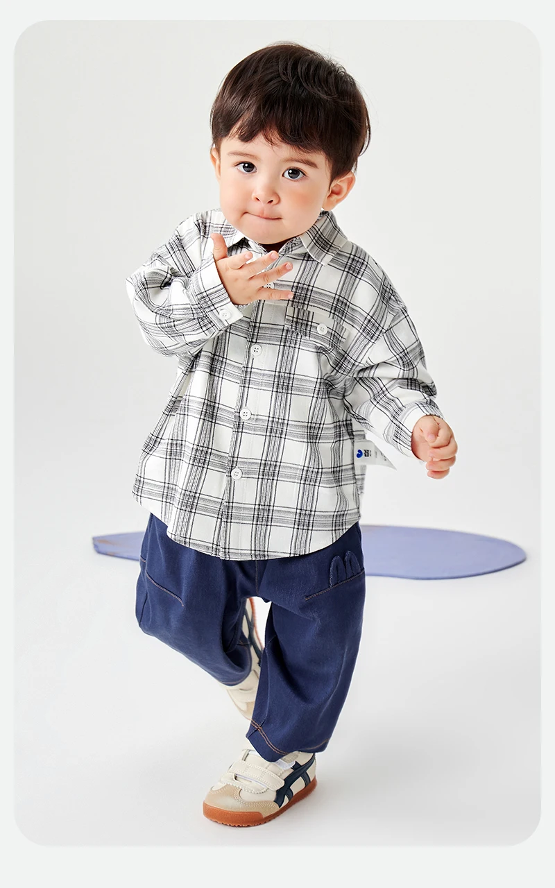 Mini Bala Boys' Long Sleeve Shirt 2025 New Product Loose, Versatile Plaid Soft Baby Top