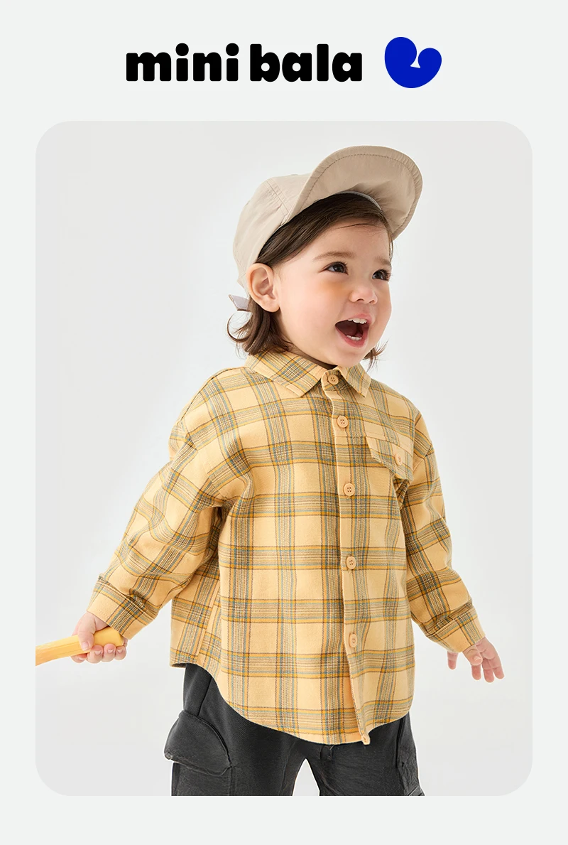 Mini Bala Boys' Long Sleeve Shirt 2025 New Product Loose, Versatile Plaid Soft Baby Top