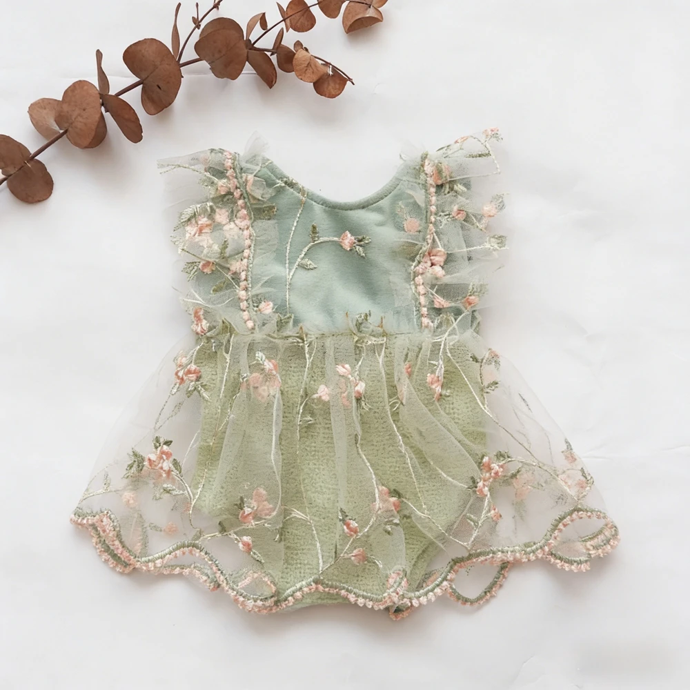 Newborn Girl Photography Romper Embroidered Floral Tulle Outfit Newborn Photo Shoot Outfit Boho Newborn Photoshoot Outfits