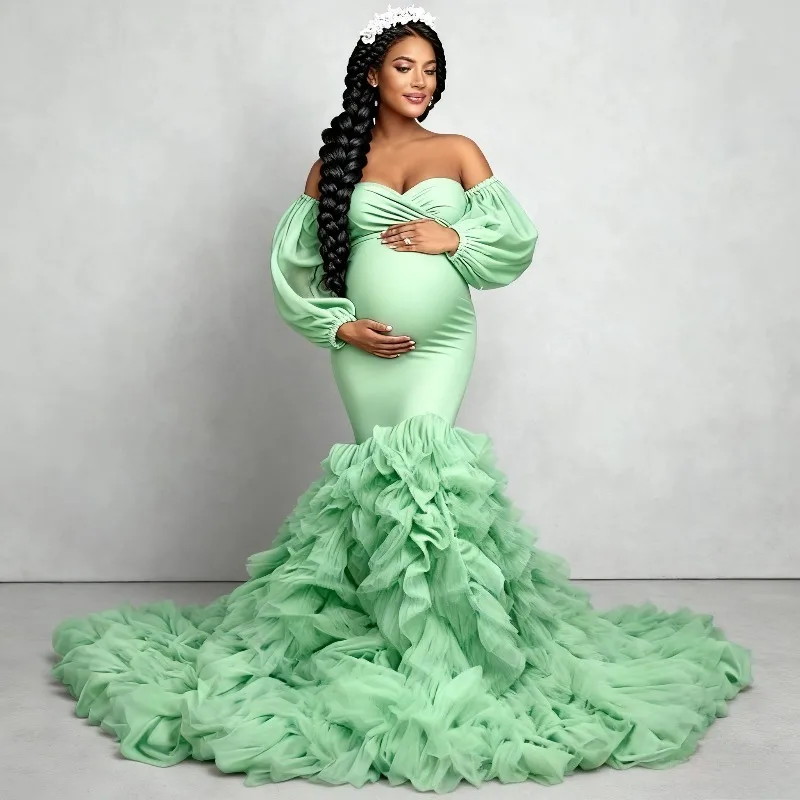 Pregnancy Mermaid Gown - Flared Hem Stretch Tulle Dress With Waist Definition - Maternity Photography Dresses Vestido Maternidad
