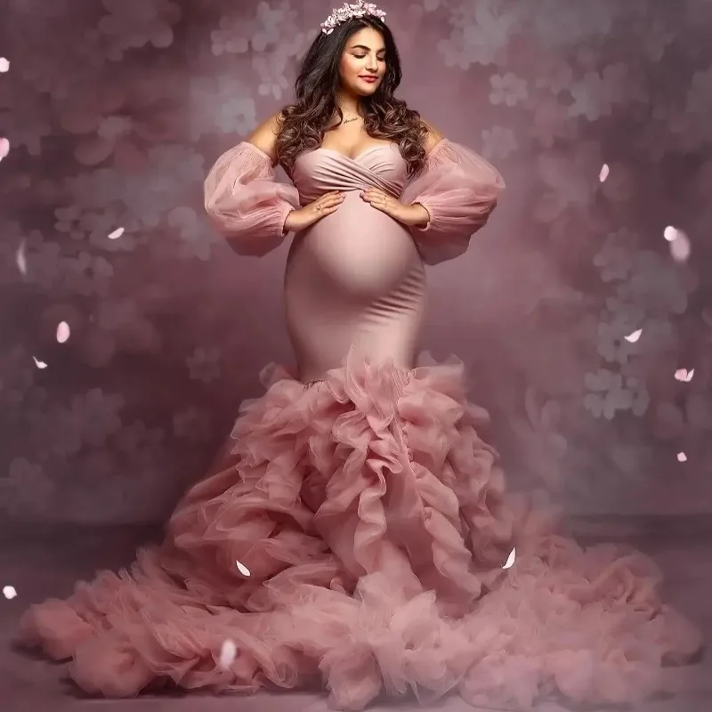 Pregnancy Mermaid Gown - Flared Hem Stretch Tulle Dress With Waist Definition - Maternity Photography Dresses Vestido Maternidad