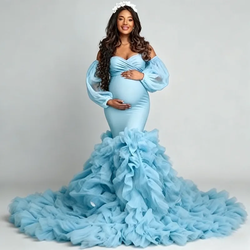 Pregnancy Mermaid Gown - Flared Hem Stretch Tulle Dress With Waist Definition - Maternity Photography Dresses Vestido Maternidad