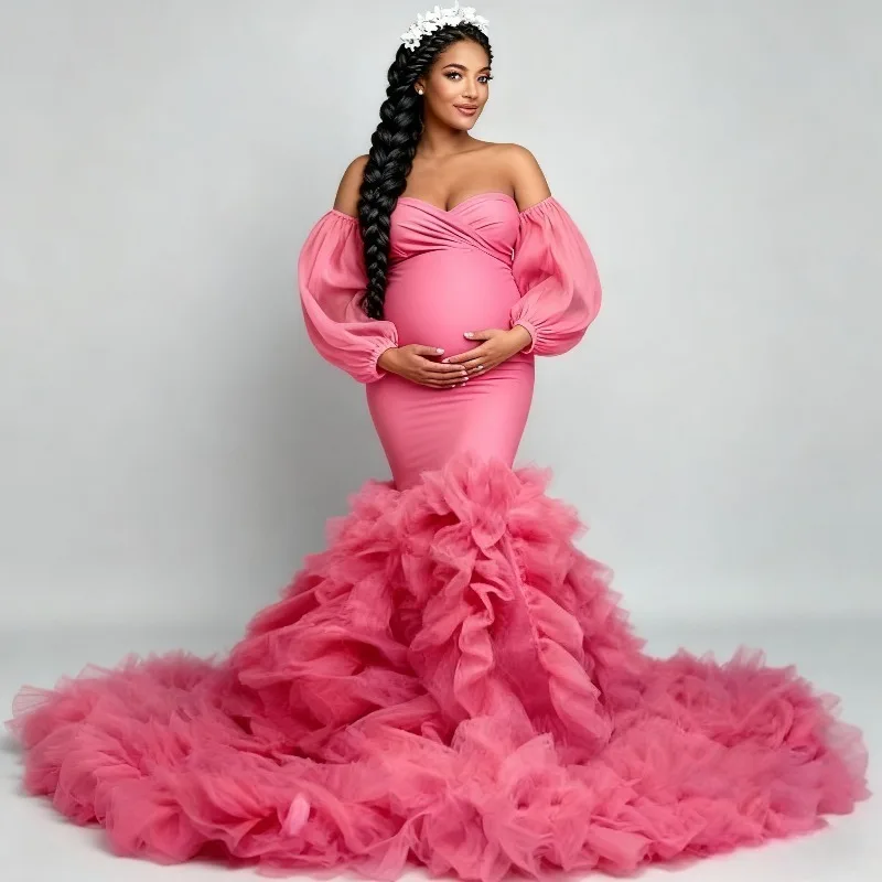 Pregnancy Mermaid Gown - Flared Hem Stretch Tulle Dress With Waist Definition - Maternity Photography Dresses Vestido Maternidad