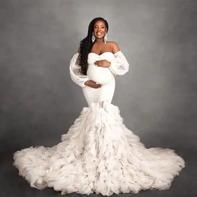 Pregnancy Mermaid Gown - Flared Hem Stretch Tulle Dress With Waist Definition - Maternity Photography Dresses Vestido Maternidad