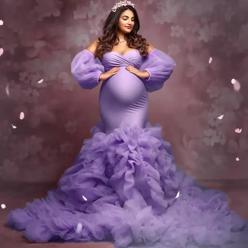 Pregnancy Mermaid Gown - Flared Hem Stretch Tulle Dress With Waist Definition - Maternity Photography Dresses Vestido Maternidad