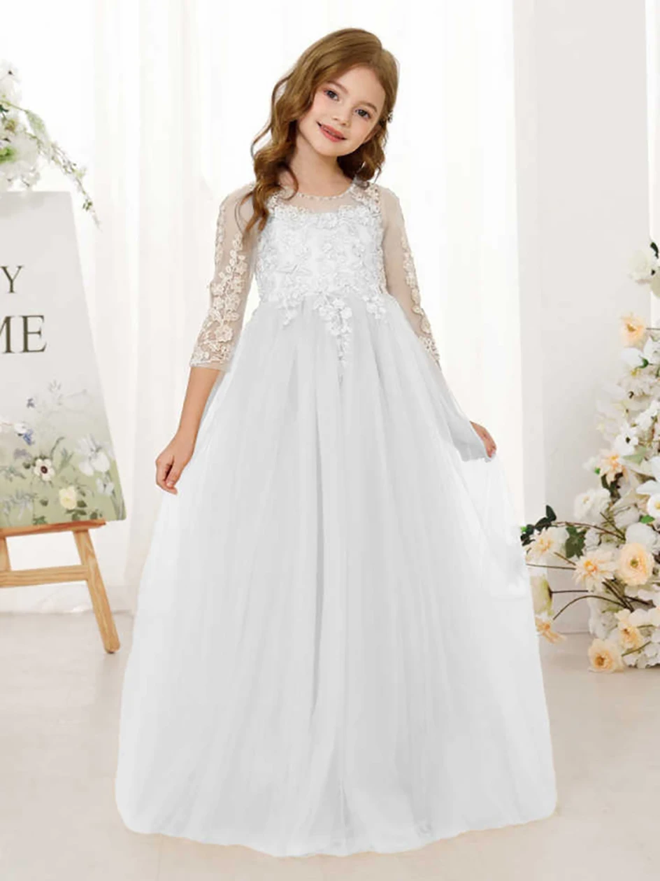 Lace Floral Appliques Flower Girl Dress 3/4 Sleeve Girls Pageant Tulle Ball Gown