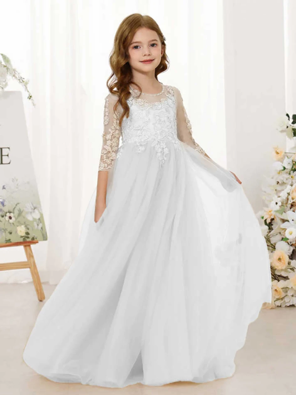 Lace Floral Appliques Flower Girl Dress 3/4 Sleeve Girls Pageant Tulle Ball Gown
