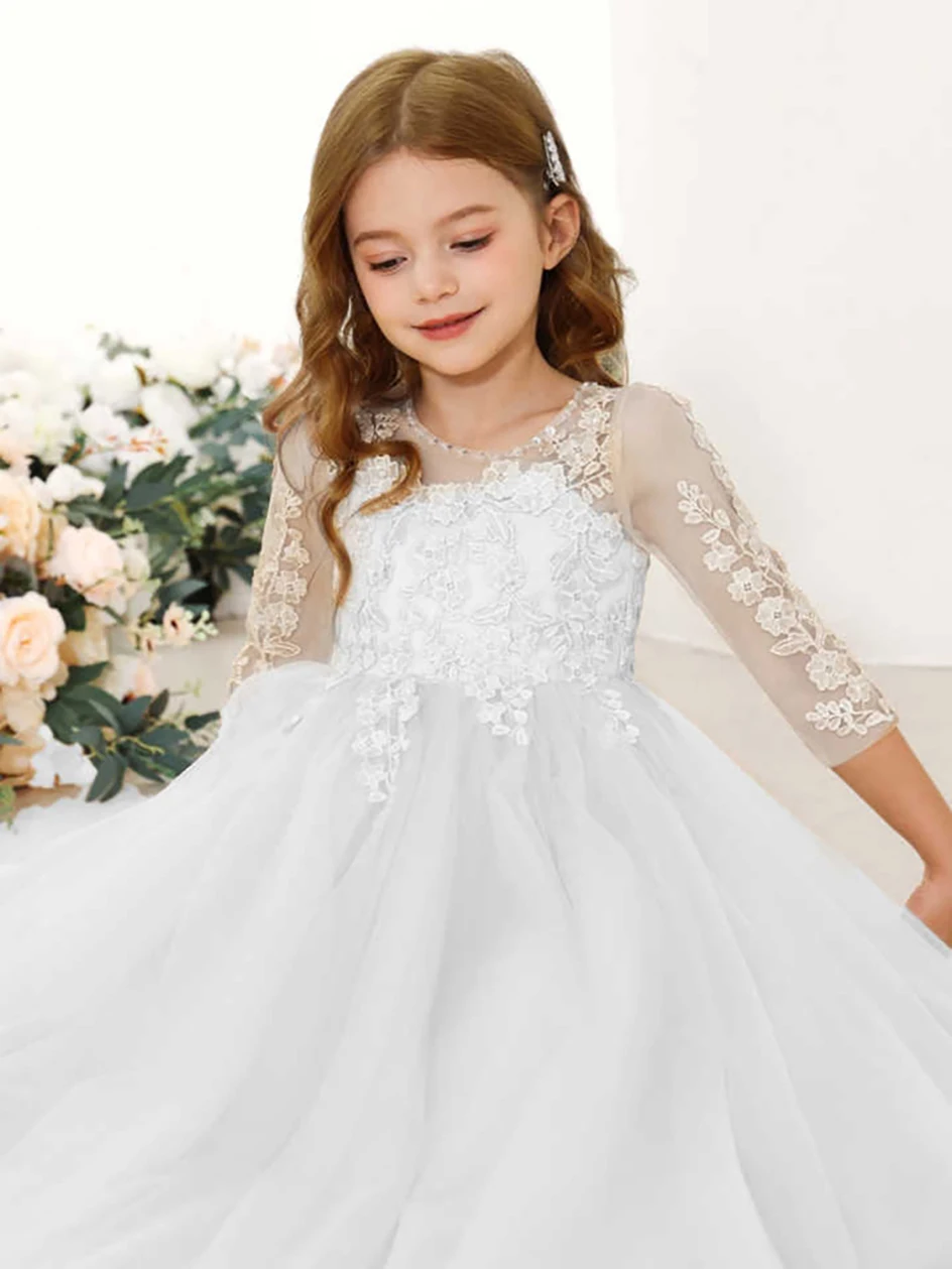 Lace Floral Appliques Flower Girl Dress 3/4 Sleeve Girls Pageant Tulle Ball Gown