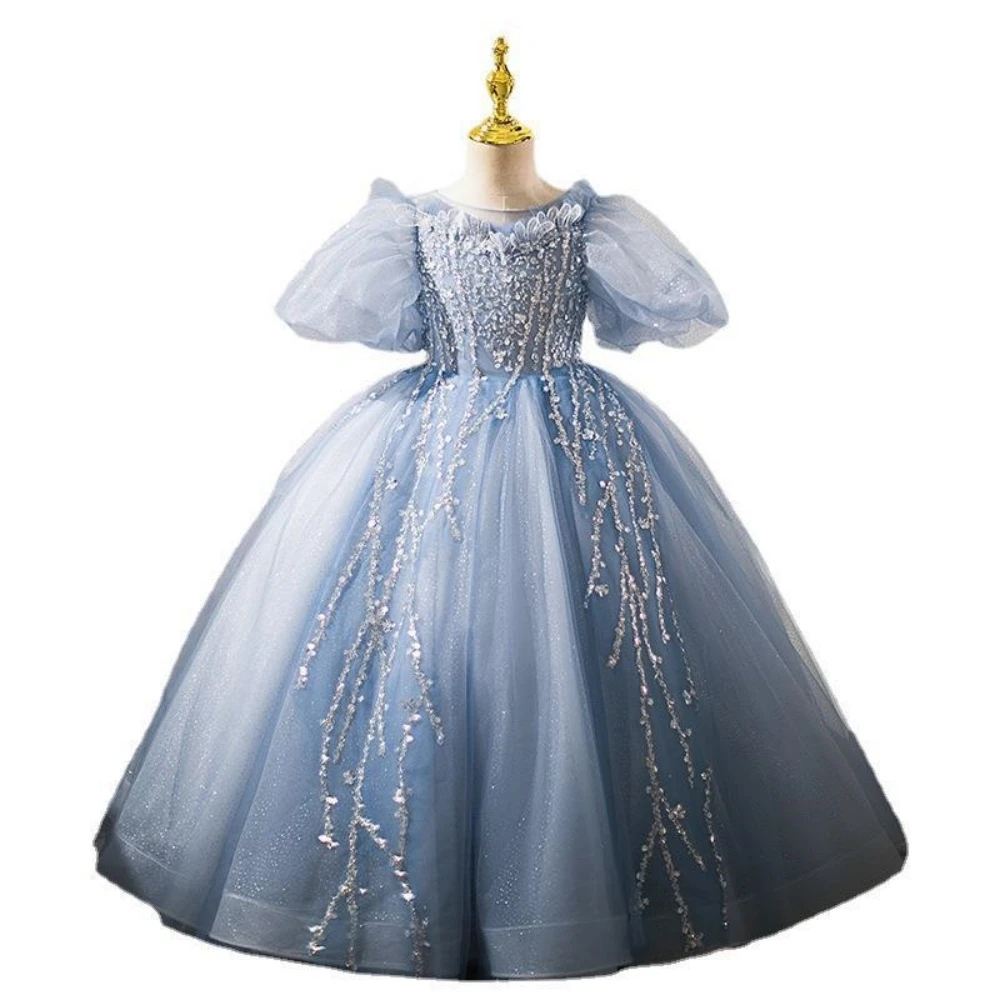 Elegant Blue Girls Dresses Piano Contest Performance Luxury Sequined Puff Sleeve For Kids Catwalk Show Birthday Party Customized