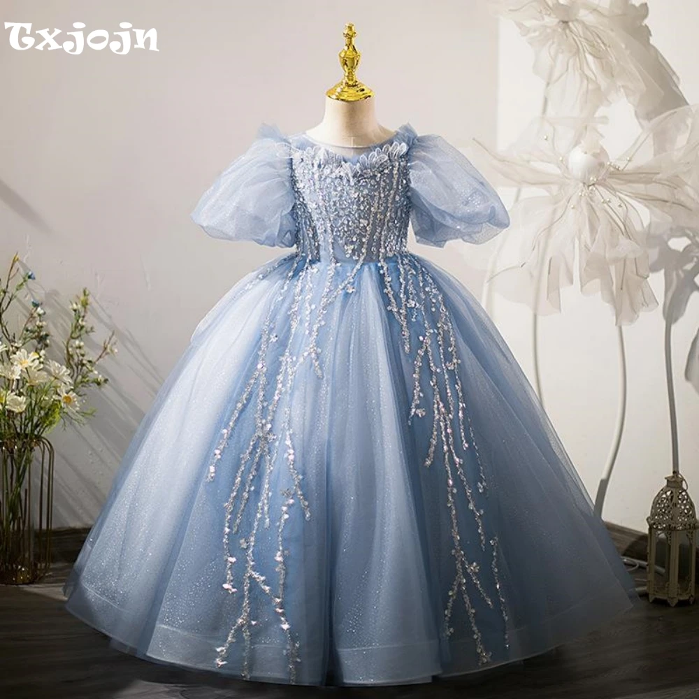 Elegant Blue Girls Dresses Piano Contest Performance Luxury Sequined Puff Sleeve For Kids Catwalk Show Birthday Party Customized