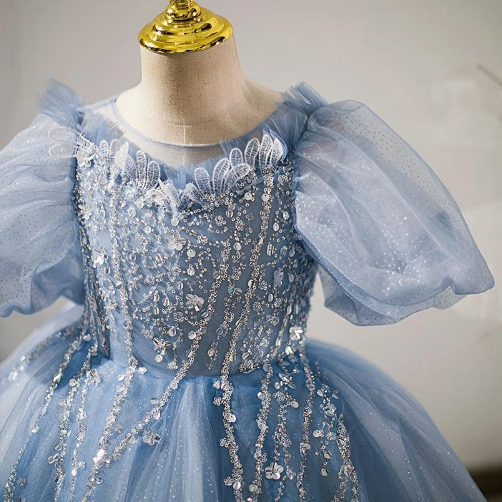 Elegant Blue Girls Dresses Piano Contest Performance Luxury Sequined Puff Sleeve For Kids Catwalk Show Birthday Party Customized