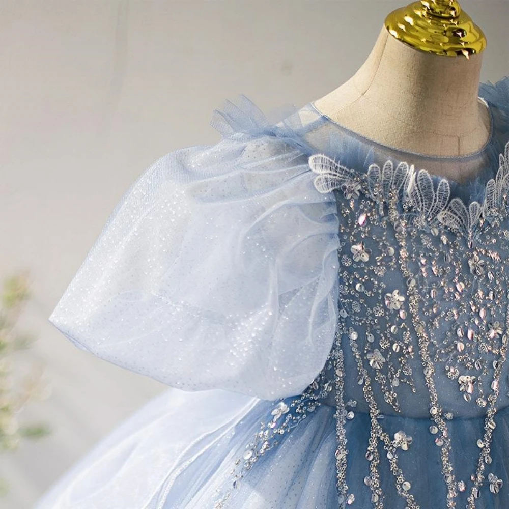 Elegant Blue Girls Dresses Piano Contest Performance Luxury Sequined Puff Sleeve For Kids Catwalk Show Birthday Party Customized