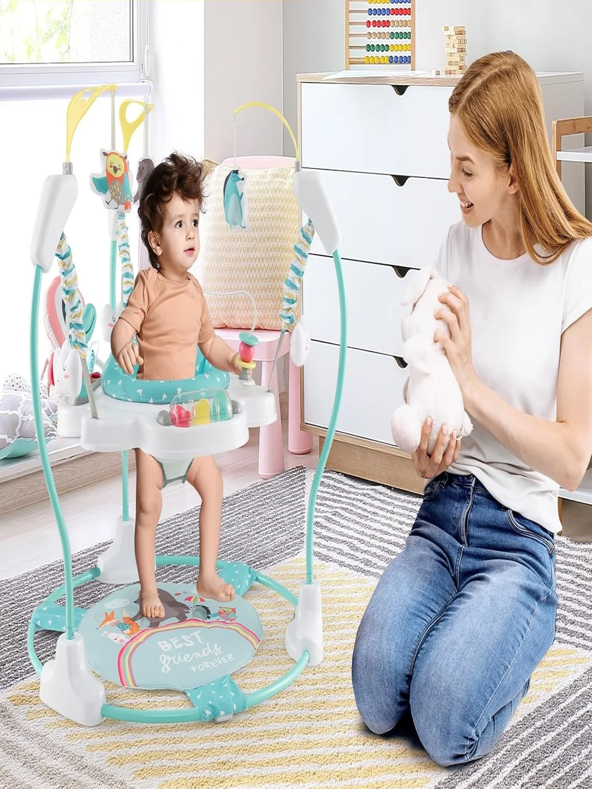 Baby Sky Jumperoo Baby Walker with Adjustable Heights, Toys & Music Box, Bouncy Chair with 360° Rotating Seat