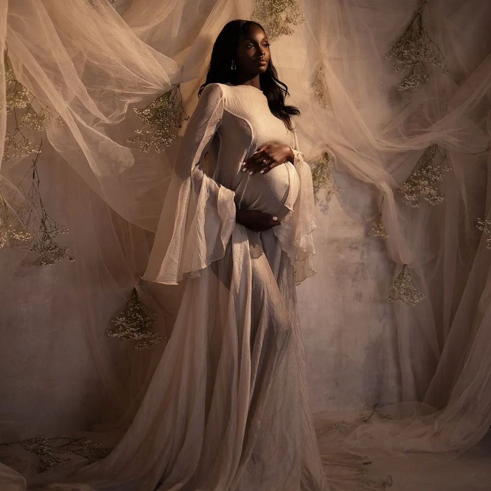 Simple Style Long Sleeve Soft Tulle Dress Clothes For Pregnant Women Floor Length Long Tail Dress Maternity Photo Shoot Dresses