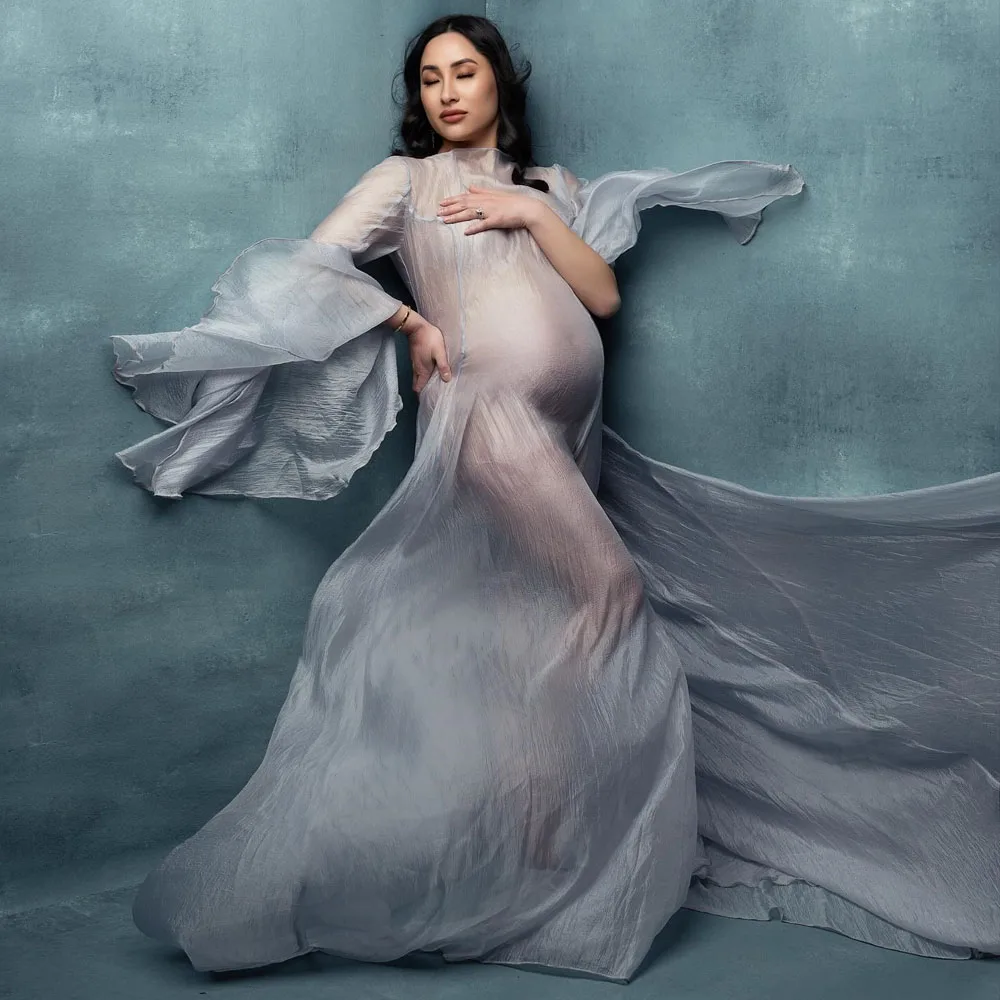 Simple Style Long Sleeve Soft Tulle Dress Clothes For Pregnant Women Floor Length Long Tail Dress Maternity Photo Shoot Dresses