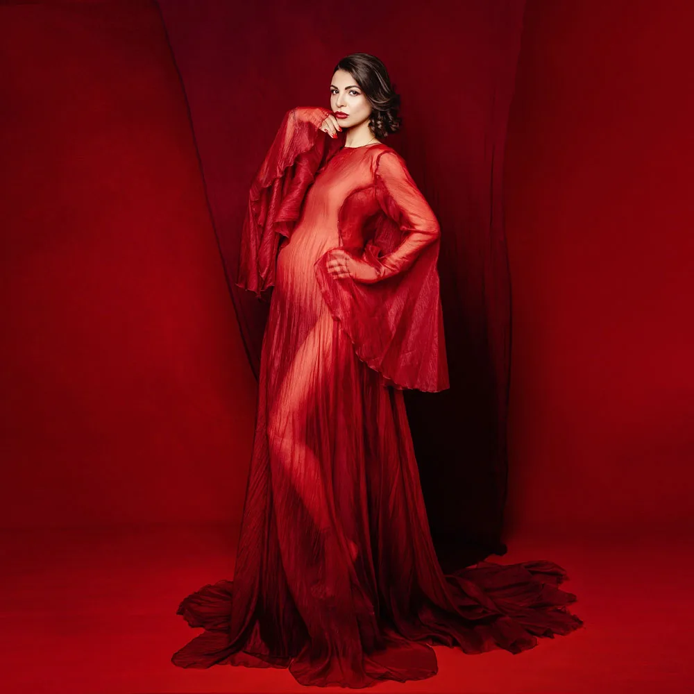 Simple Style Long Sleeve Soft Tulle Dress Clothes For Pregnant Women Floor Length Long Tail Dress Maternity Photo Shoot Dresses
