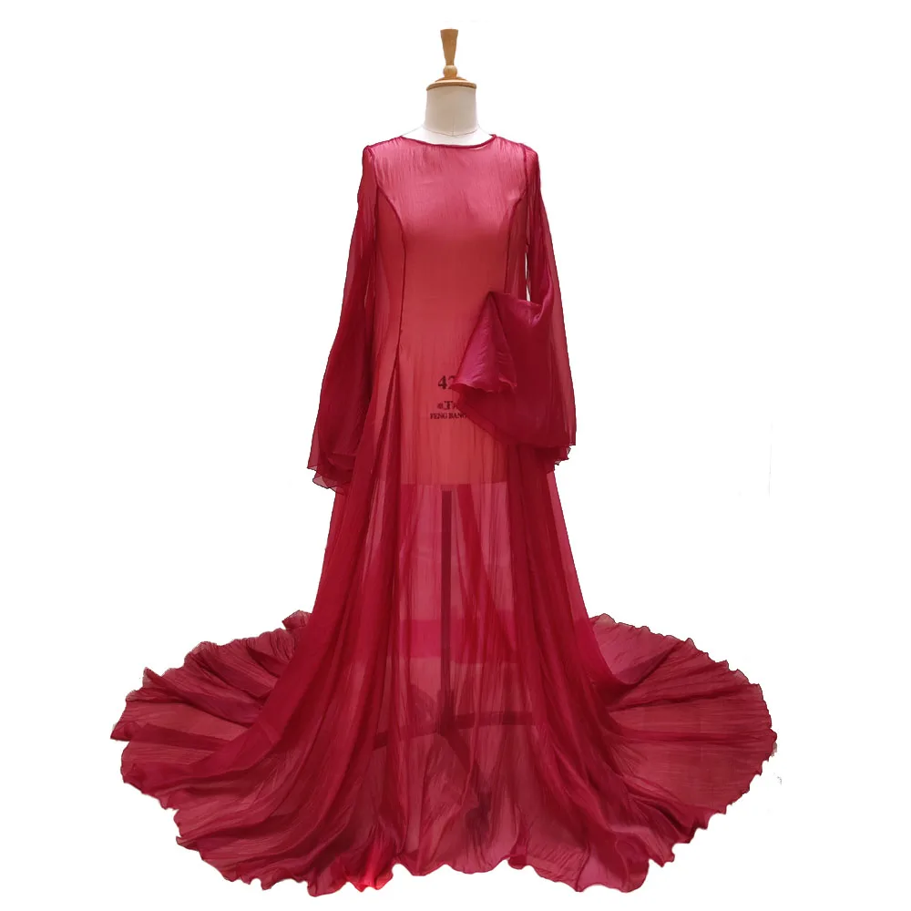 Simple Style Long Sleeve Soft Tulle Dress Clothes For Pregnant Women Floor Length Long Tail Dress Maternity Photo Shoot Dresses
